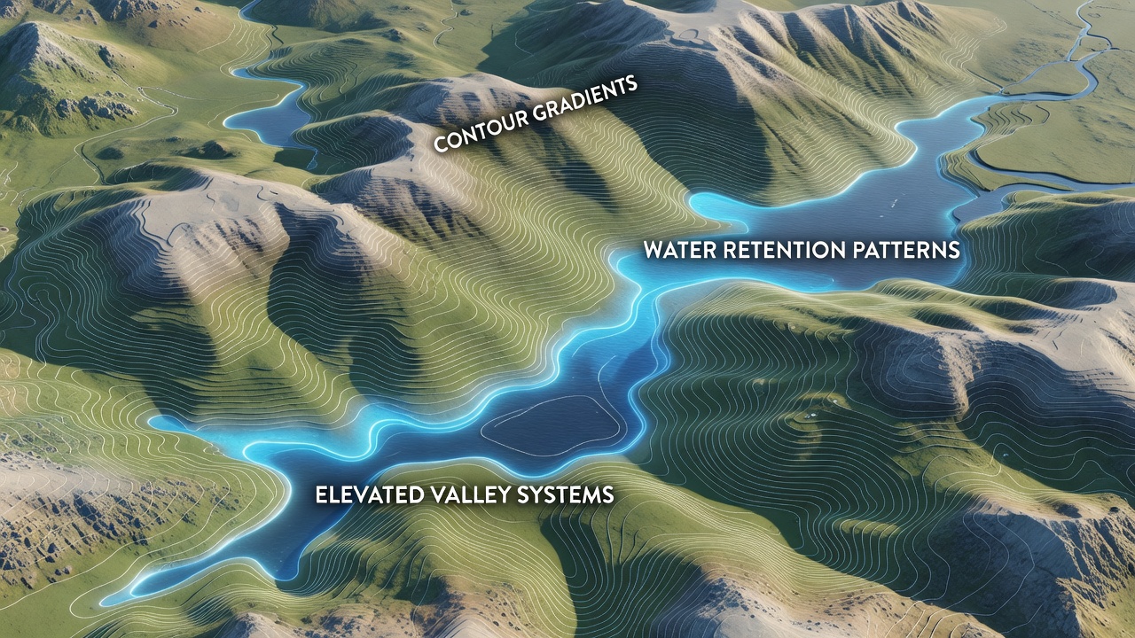 How Contour Gradients Shape Water Retention Patterns in Elevated Valley Systems