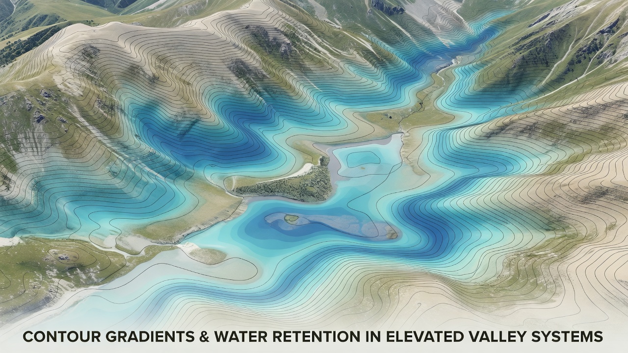 Aerial view of an elevated valley illustrating contour lines, water retention areas, and vegetation patterns influenced by slope gradients