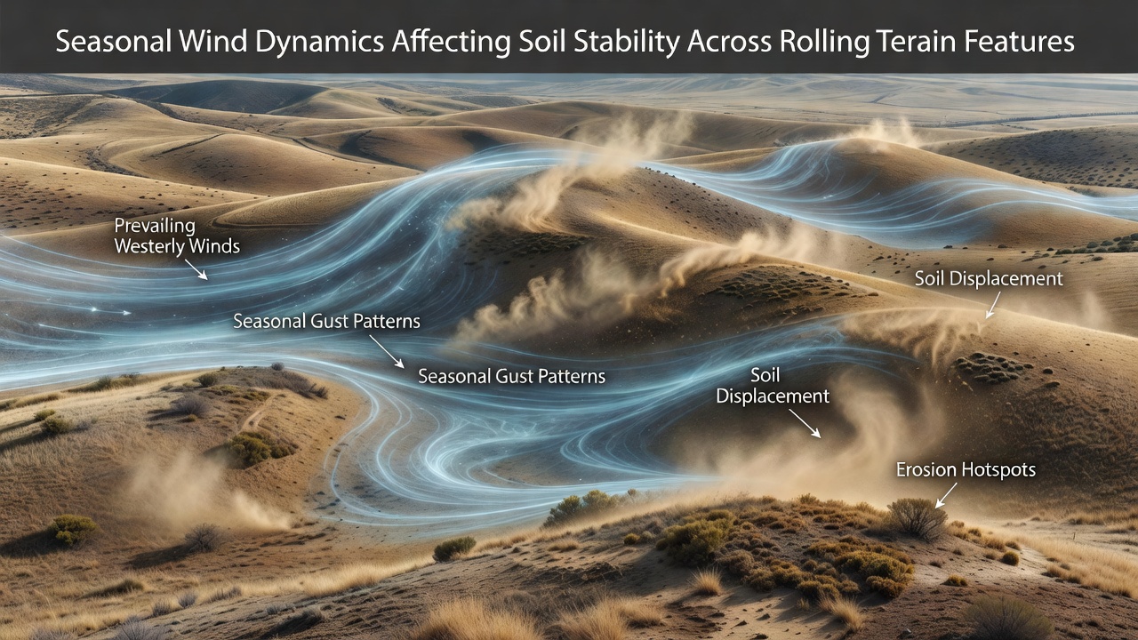 Seasonal Wind Dynamics Affecting Soil Stability Across Rolling Terrain Features