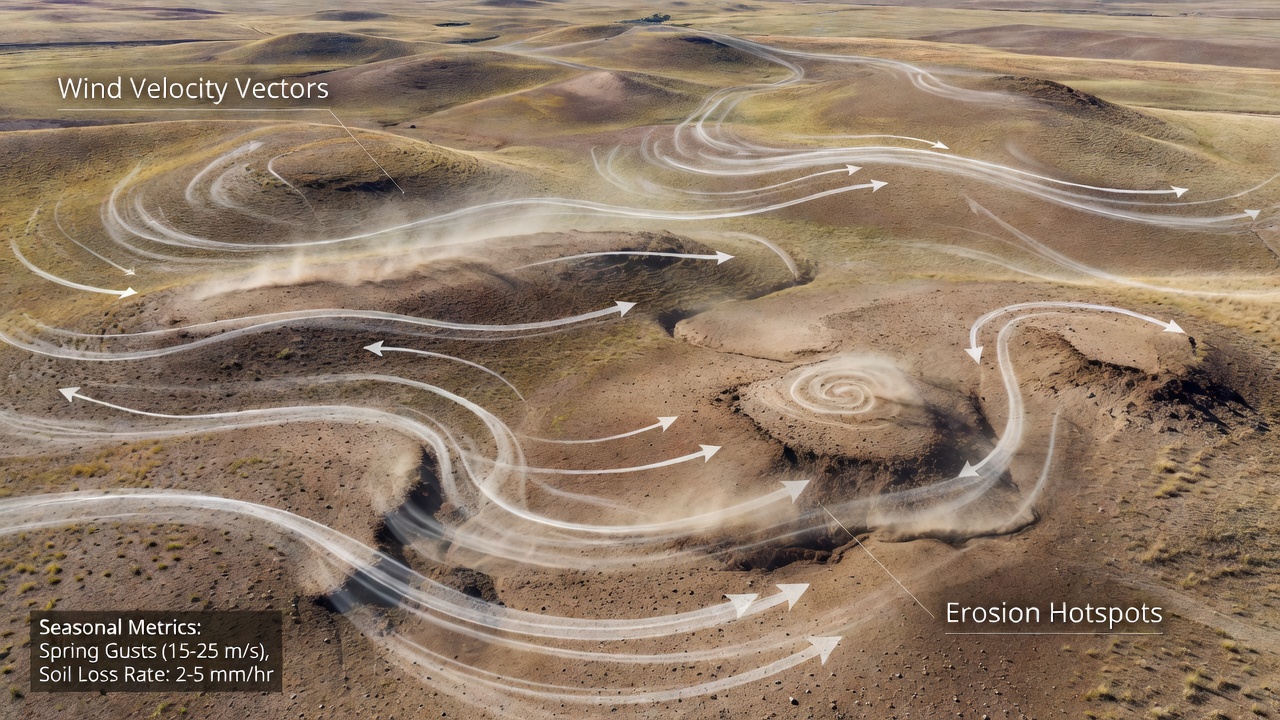 Close-up of soil profiles on undulating hills with visible wind erosion channels