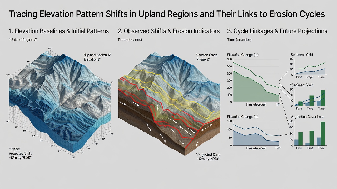 Field researchers using surveying equipment to measure elevation shifts on an eroded upland slope