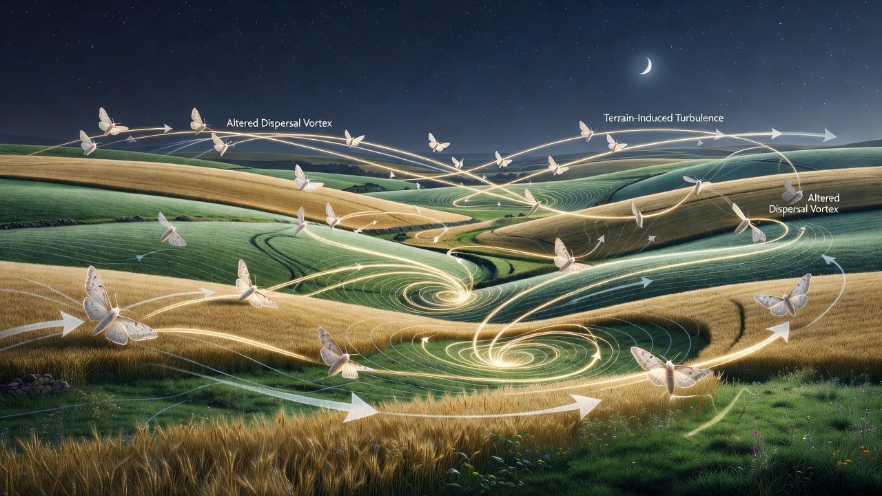 Unexpected Ripple Effects of Undulating Terrain on Nocturnal Insect Dispersal Routes in Temperate Farmlands