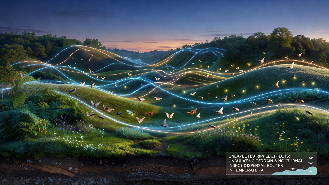 Nighttime view of farmland with elevation changes and insect flight paths illustrated through light patterns